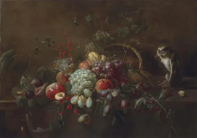 Grapes, Apples, Plums, Figs and Other Fruit on a Partly Draped Wooden Table, a Monkey Eating Walnuts by an Upturned Woven Basket