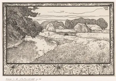 Grasland met water en boerderij