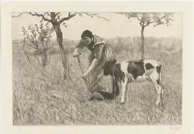 Gravende boerin bij kalf
