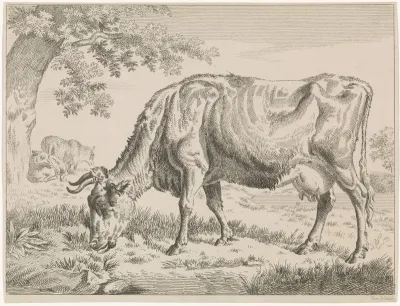 Grazende koe bij een boom en twee schapen