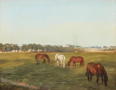 Grazing horses on a summer day with a provincial town in the background.