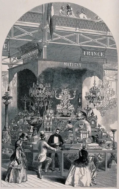 Great Exhibition, London, 1851: the exhibition stand of Matifat showing gilt bronze lamps, vases, clocks and other ornaments