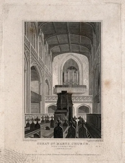 Great St. Mary's Church, Cambridge: interior towards the west end. Line engraving by J. Le Keux, 1824, after J.P. Neale