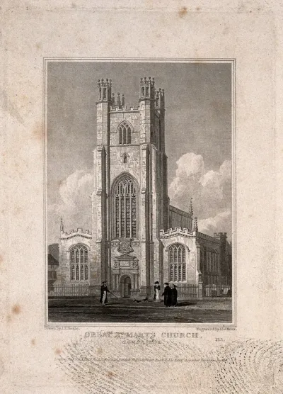 Great St. Mary's Church, Cambridge. Line engraving by J. Le Keux, 1824, after J.P. Neale