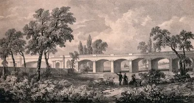 Great Western Railway: a long viaduct in a landscape with people nearby discussing it