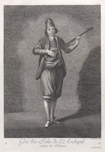Grec des Isles de l'Archipel, joüant du Taboura, plate 70 from "Recueil de cent estampes représentent differentes nations du Levant"