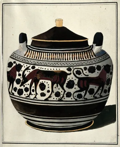 Greek lidded vessel (Corinthian lebes gamikos ?) decorated with a frieze of stylised animals and foliage