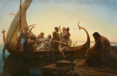 Greek mythological figures on a boat near a pier