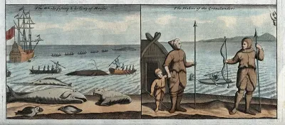 Greenland: fishermen spearing whales from the safety of their boats; right, whale fisher in their attire
