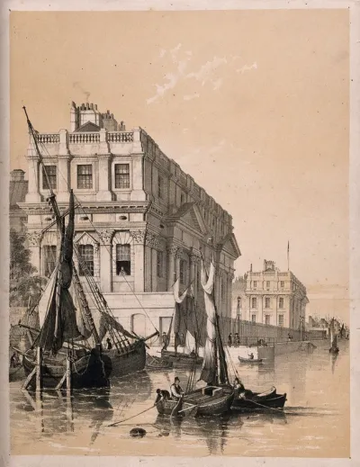 Greenwich Hospital viewed obliquely from the river, with boats in the foreground