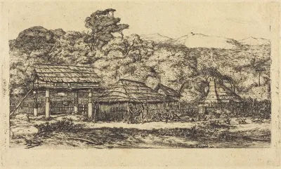 Greniers indigènes et habitations à Akaroa, presqu'Ile de Banks, 1845 (Native Barns and Huts at Akaroa, Banks' Peninsula, 1845)