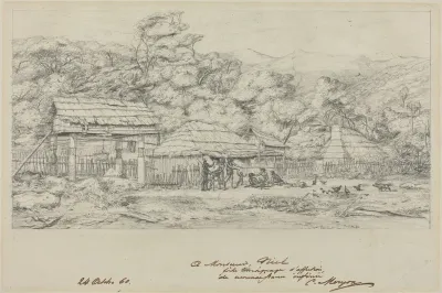 Greniers indigenes et habitations a Akaroa, presqu'Ile de Banks
