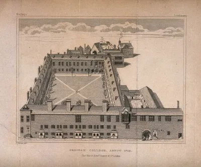 Gresham College, London: a bird's eye view, with two men at the entrance