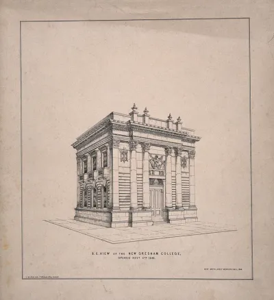Gresham College, London: three-quarter view, with Gresham's arms over the entrance