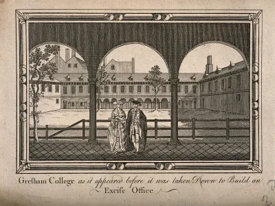 Gresham College, London: view into the court with a lady and a scholar standing in the cloister