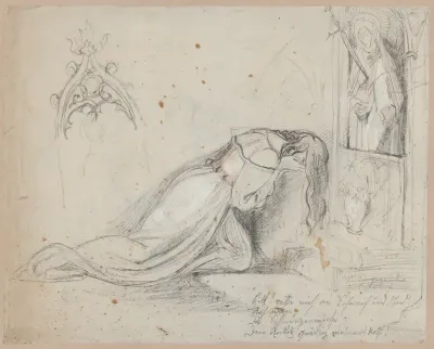 Gretchen in prayer before the Mater Dolorosa (recto). Studies of a Gretchen, a bearded male head, and other figures (verso)