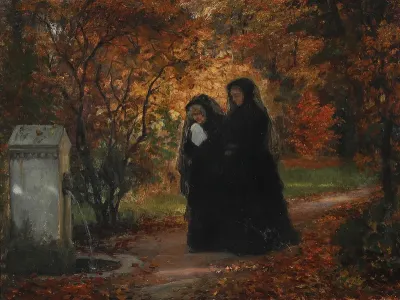 Grieving women a beautiful fall day at the spring.