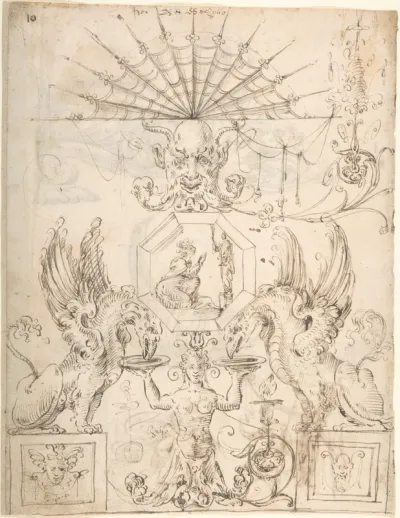 Griffins, female grotesque, mask and figures (recto); two turtle-like creatures and a scene with figures (verso)