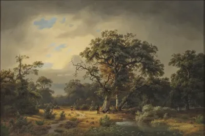 Große Waldlandschaft mit rastendem Paar unter einer alten Eiche