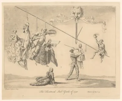 Groep acteurs hangt aan een unster, David Garrick zit op het andere eind