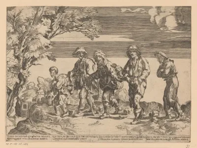 Groep bedelaars in landschap