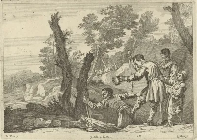 Groep blinden in een landschap