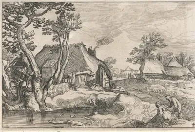 Groep boerderijen in een landschap