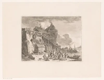 Groep figuren bij een stadsmuur aan de Seine