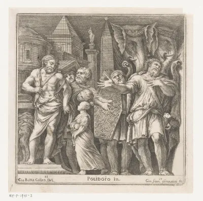 Groep figuren en twee olifanten in een stad