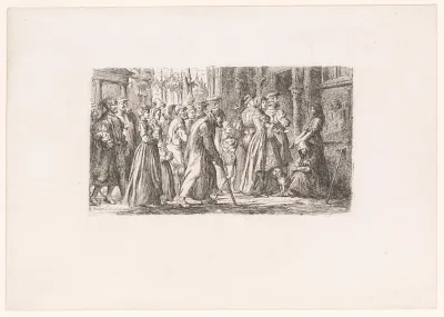 Groep figuren geeft geld aan bedelaars bij het binnengaan van de kathedraal te Antwerpen