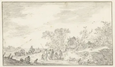 Groep figuren langs een weg