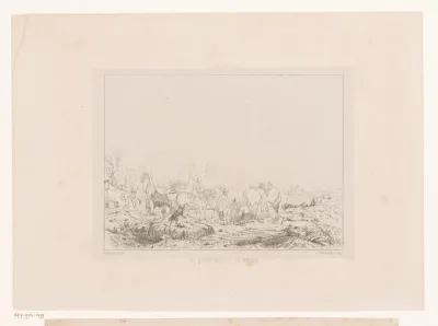 Groep figuren met beladen wagen in een landschap