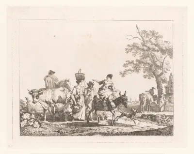 Groep figuren met vee, lopend richting een fontein