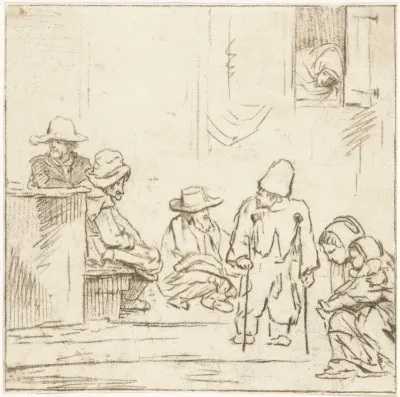 Groep figuren onder een venster