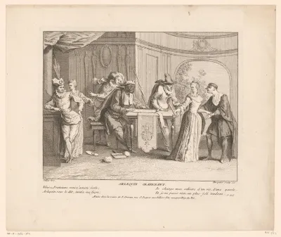 Groep figuren rond een tafel met Harlekijn en een jonge vrouw