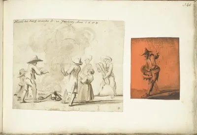 Groep figuren rond een vuur en een ketelventer