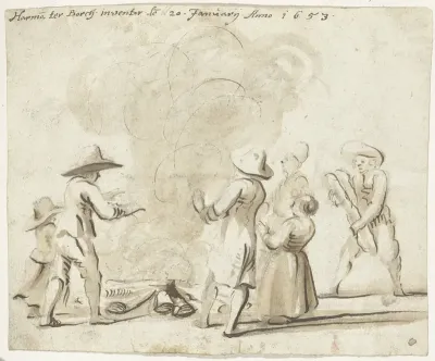 Groep figuren, zich warmend aan een vuur