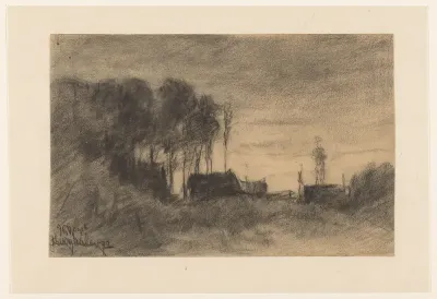 Groep huizen en bomen bij Hooghalen, Avondstemming