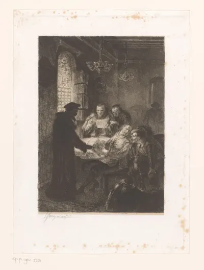 Groep in renaissance kledij rond een tafel bestuderen brieven