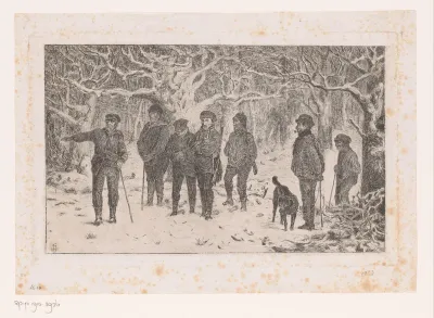 Groep jagers en drijvers in een besneeuwd bos