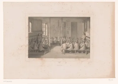 Groep jongens nuttigt de maaltijd in de refter van de jeugdgevangenis