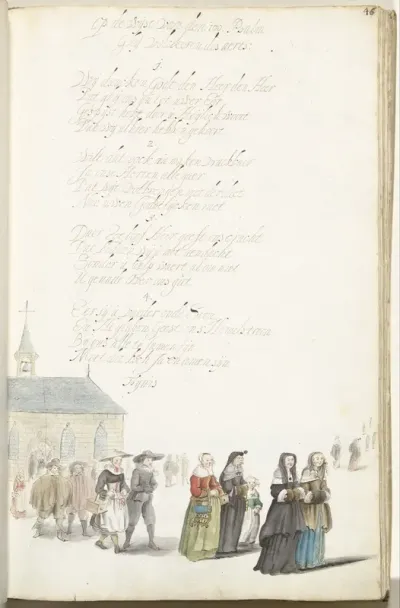 Groep kerkgangers bij het verlaten van de kerk