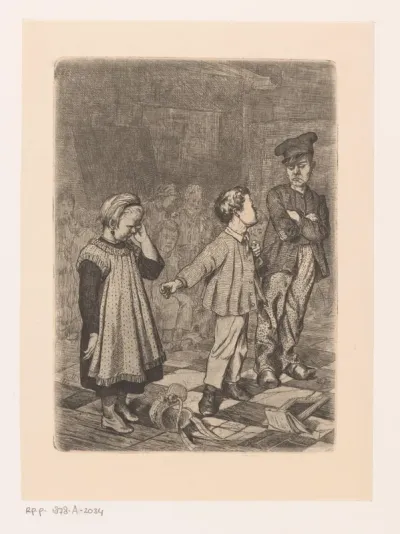 Groep kinderen met een huilend meisje en een jongen die met de leraar praat