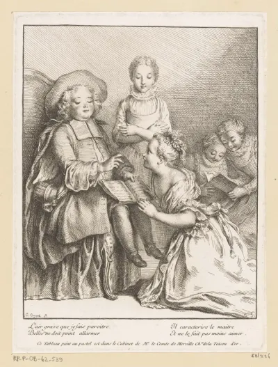 Groep kinderen met een jongen gezeten op een stoel en een meisje, knielend voor hem