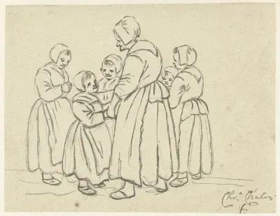 Groep kinderen met een oude vrouw