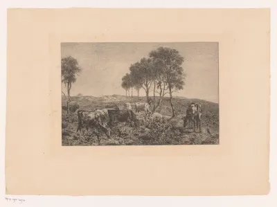 Groep koeien en een figuur in een landschap