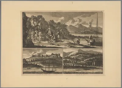 Groep mannen aan oever van meer verpozend; Castello di Mitylin; Vista di Mitylin