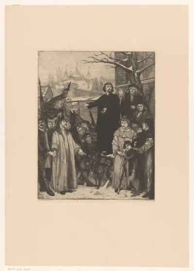 Groep mannen luisterend naar Jacob van Artevelde