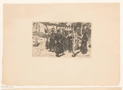 Groep mannen met petten en overjassen