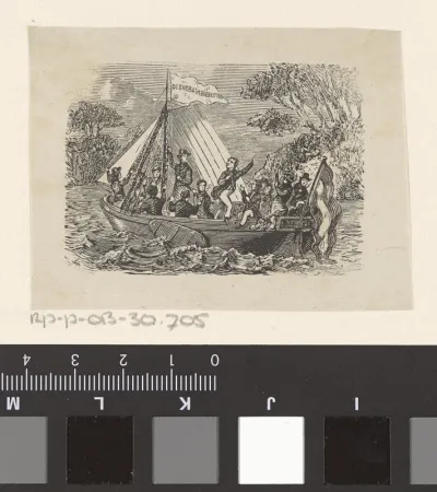 Groep mannen op een schip een vlag hijsend met daarop de tekst ´De Sabbathbreekster´